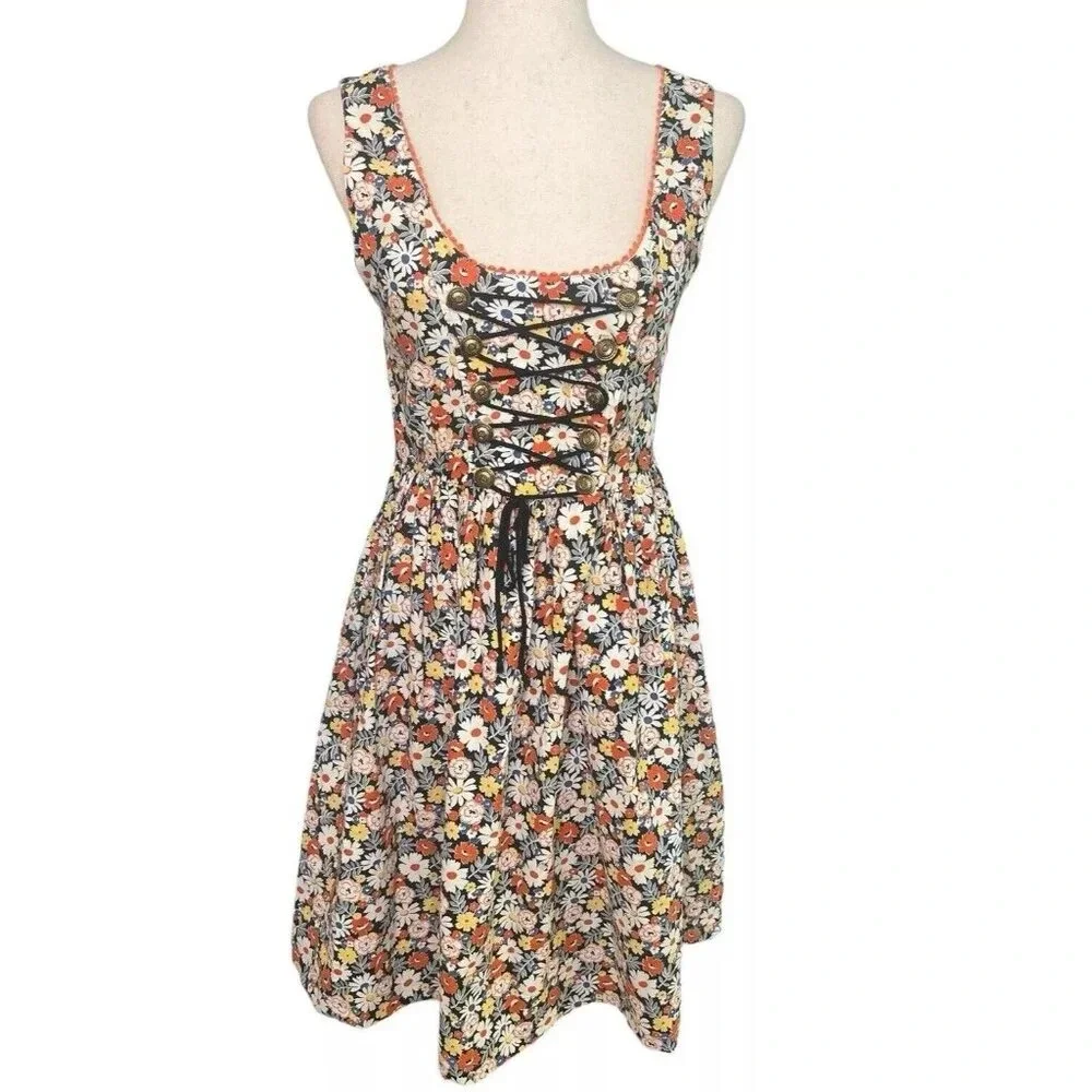 Vtg Retro Gogo Dress Floral 60s 70s Cottagecore Milkmaid Mini Small Handmade - Picture 1 of 16